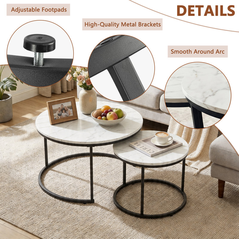 2-pieces Round Nesting Coffee Table Metal Frame And Wood Finish Side Tables, White