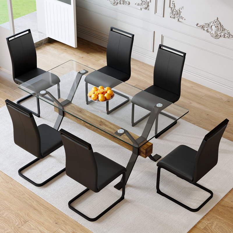 Ensemble de salle à manger en verre trempé 71 "avec cadre en métal Ibrahim, 9 pièces : table, 8 chaises, Noir