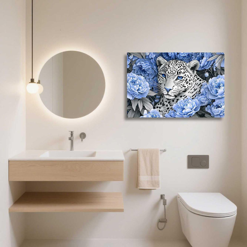 Leopard Canvas Wall Art Cheetah And Peony Floral Picture Black And White Leopard Print African Wild Animals Painting For Bathroom Home Decor Framed (Purple, 24L X 16W)