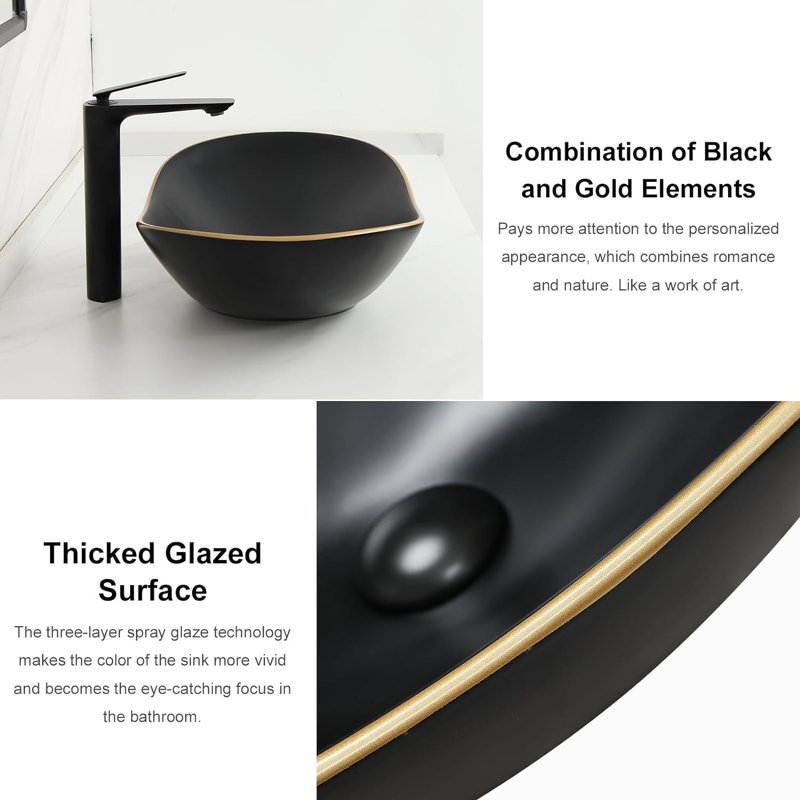 Davivy 24.5"x13.8'' Ceramic Oval Vessel Bathroom Sink with Pop Up Drain, Black