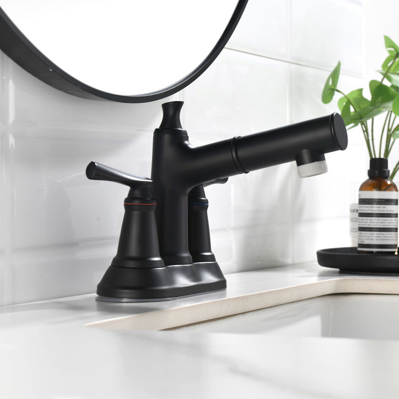 Two-Handle 4" Centerset Pull-Out Bathroom Faucet, Matte Black