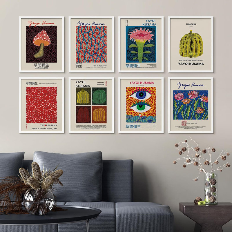 " Mushroom Abstract Botanical Blue Red Dots Japanese Pumpkin By Yayoi Kusama " 8 - Pieces, 16" H x 12" W x 1" D, White