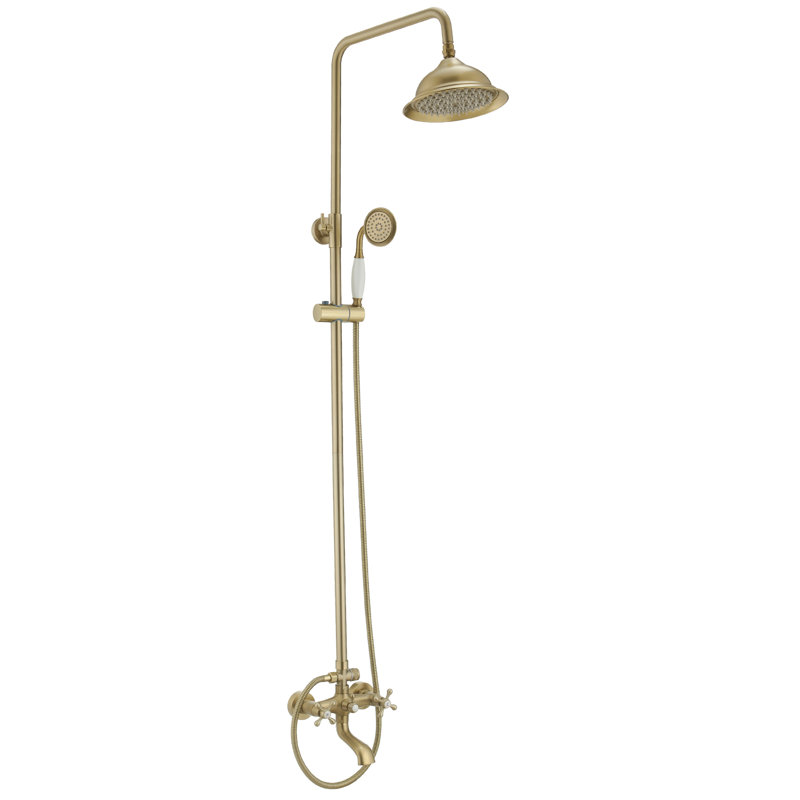 Ensemble de douche à 3 jets avec pomme de douche ronde avec douchette et douchette en laiton, 2 boutons croisés en or brossé