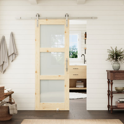 Porte intérieure à 3 panneaux en pin et verre dépoli trempé, 30 po x 80 po, avec quincaillerie de style grange en nickel. Convient au salon et au garde-manger.
