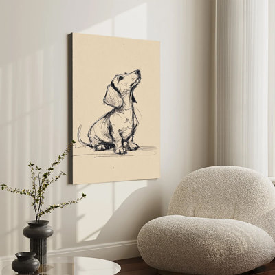 Vintage Sketch Art Sitting Dachshund Dog Large Gallery Wrapped Canvas Wall Art Print For Living Room Bedroom
