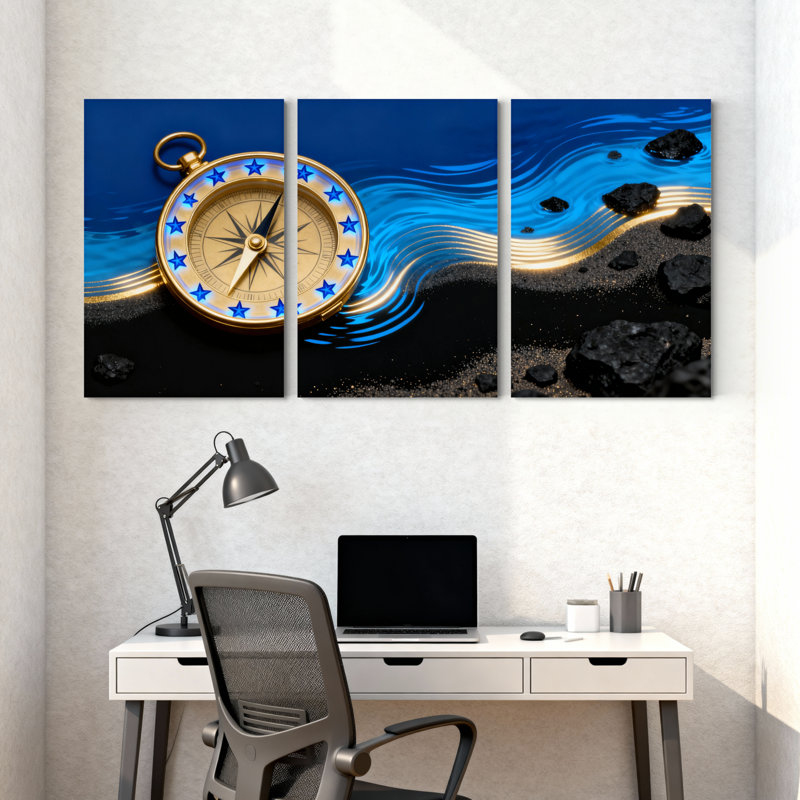 Ensemble de 3 impressions sur toile Golden Compass Blue Waves Black Rocks, H 18 po x l 36 po