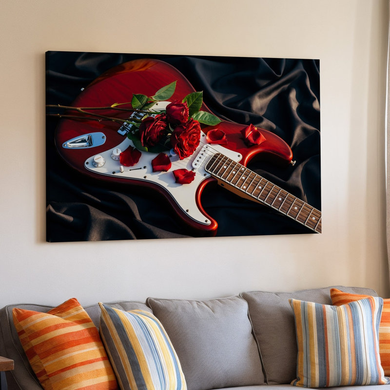Toile, composition rapprochée avec une guitare électrique rouge éclatante posée sur un fond en tissu soyeux foncé