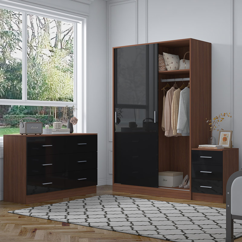 Eva Piece Bedroom Set, Black Gloss / Walnut