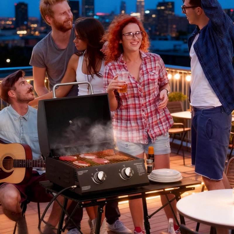 Barbecue de camping de 21,75 po avec 2 brûleurs, allumage, conception pliable, couvercle pour fumer, poignées froides au toucher, cendrier amovible, grille de brûleur portative en acier au carbone, pieds, thermomètre, idéal pour l'extérieur