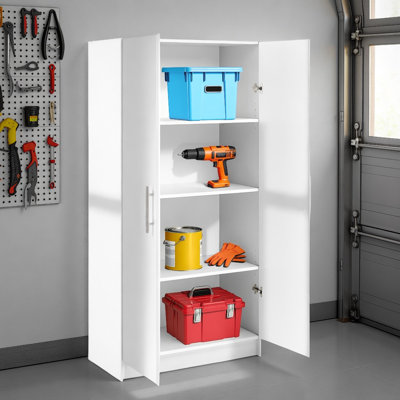 Watse 65" H Storage Cabinet, Tall Garage Storage Cabinet, 2-Door Freestanding Bathroom or Kitchen Pantry Cabinet with Adjustable Shelves, 16" D x 32" W x 65" H, White