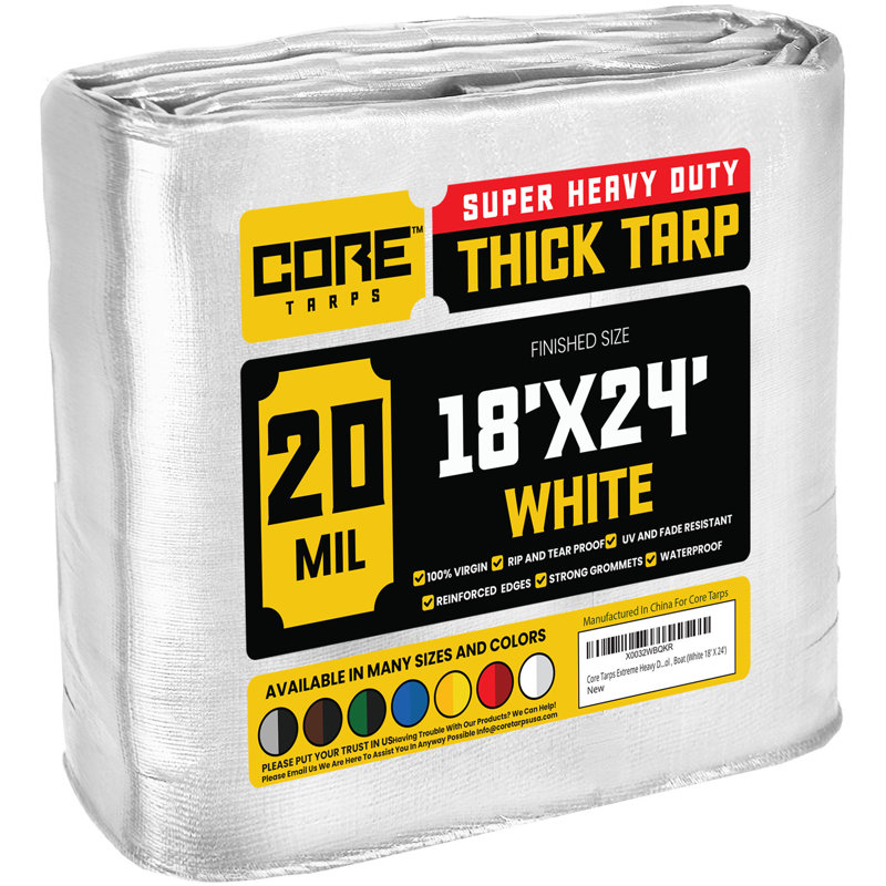 Bâche en polyéthylène robuste de 20 mil, imperméable et résistante aux rayons UV, Blanc, 18 pi x 24 pi