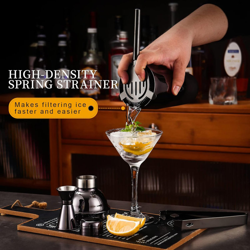 Black Stainless Steel Bartender Kit with Bamboo Stand