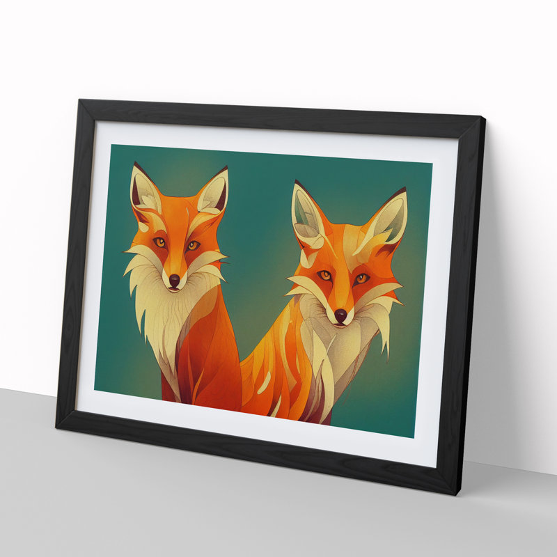 Delightful Foxes - Single Picture Frame Print, 46cm H x 64cm W x 2cm D, Black