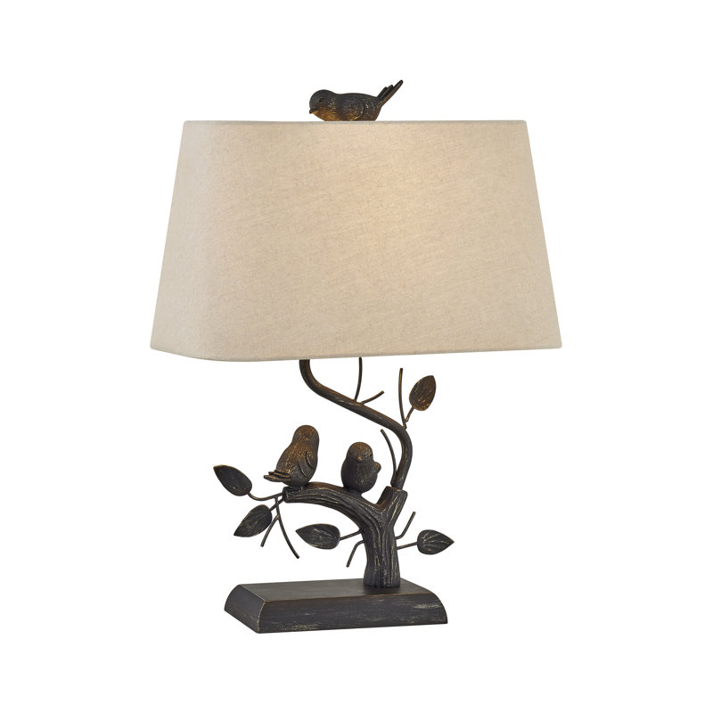 22" Bronze Resin Table Lamp With Birds And Rectangle Linen Shade, Brown, Beige