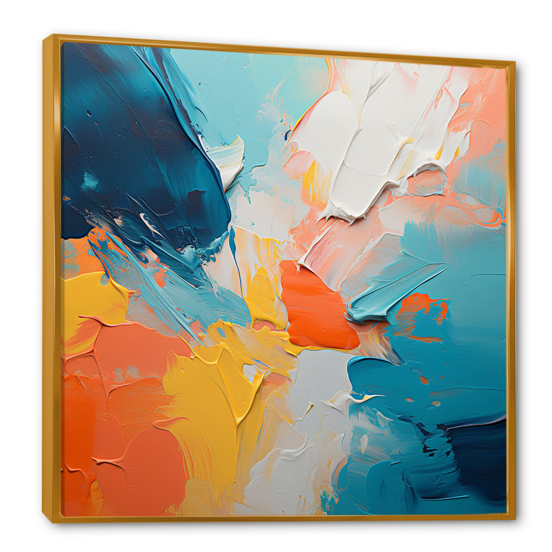«Blue and Orange Paint Expression 5», art mural abstrait, Cadre flottant doré, H 36 po x l 36 po x P 1,5 po