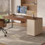 Bureau rectangulaire à 2 tiroirs brun noyer + kaki + argent manufacturé + acier inoxydable-356443468-356443474
