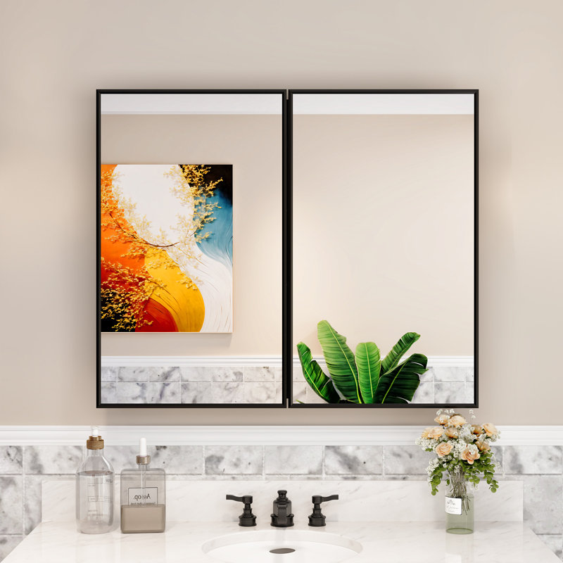 Armoire à pharmacie encastrée / à fixation en surface de 36 po x l 30 po avec miroirs, charnières à fermeture en douceur et tablettes réglables en verre pour le rangement de maquillage, de rasage ou de meuble-lavabo Elise