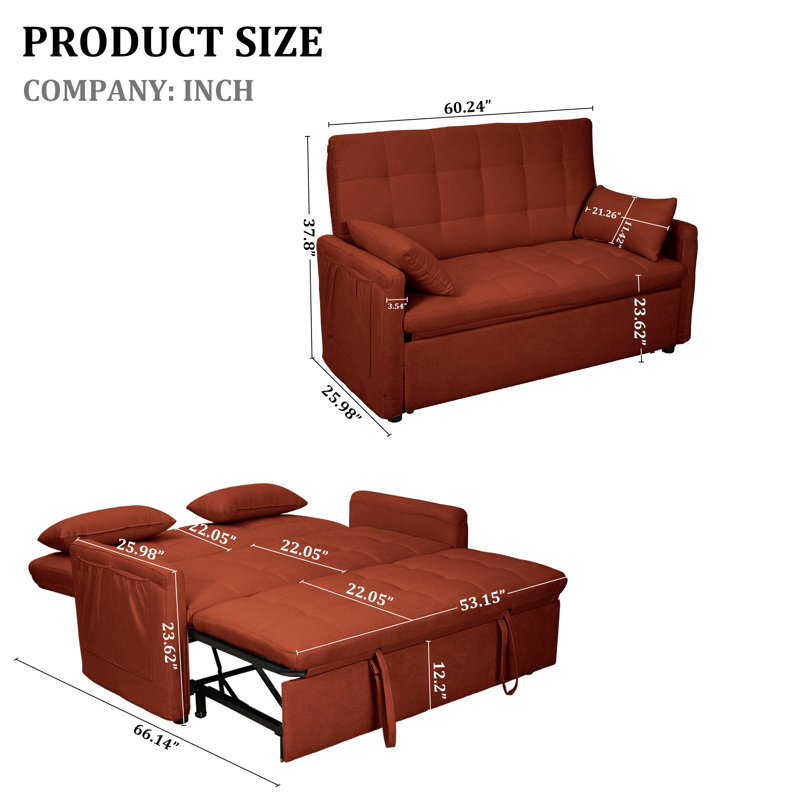 60-Inch Sofa Bed “3-In-1 Convertible Sofa Bed, Cushion Sofa, Pull-Out Bed, 2-Seater Sofa With Pockets, Adjustable Backrest and Pillow, Living Room Apartment (Button Tufting)
