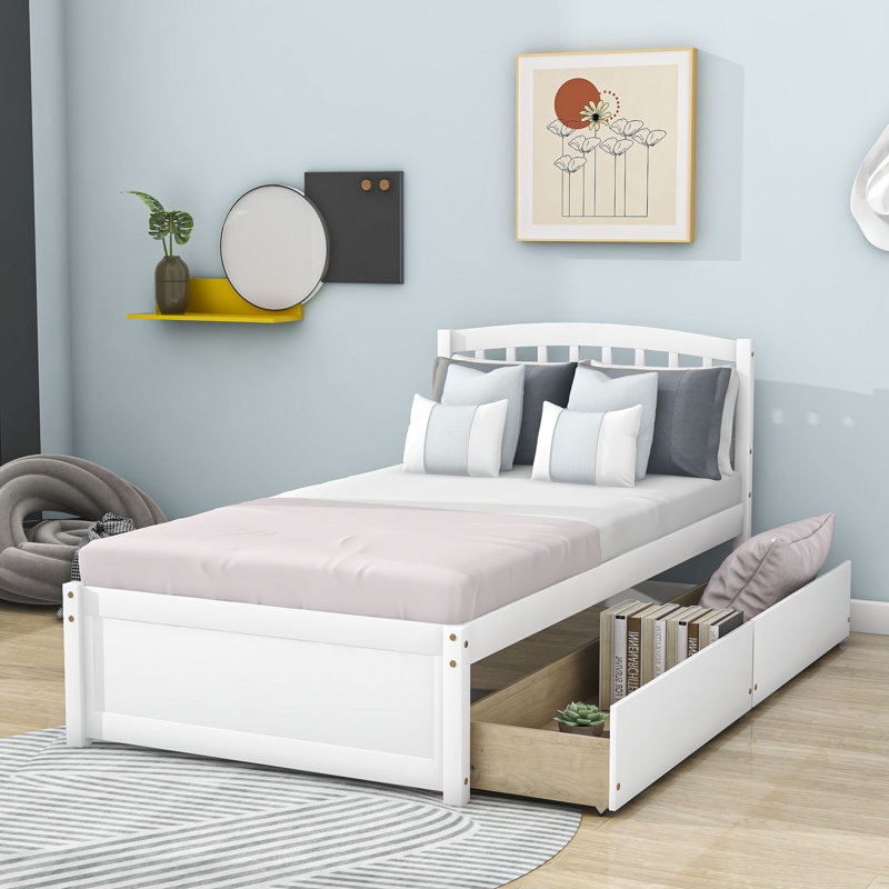 Lit plateforme simple à 2 tiroirs avec tête de lit, Blanc