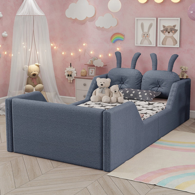 Lit plateforme tapissier avec coussin en lapin, lit tapissier pour enfants avec rails latéraux amovibles, Gris