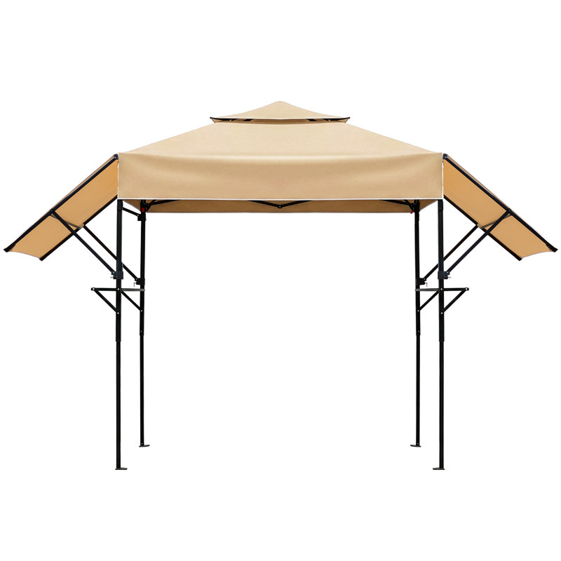 Abri de jardin pour barbecue à toit double 3,3 x 12,5 pi avec abat-jour réglables et plateaux en filet noir, Kaki