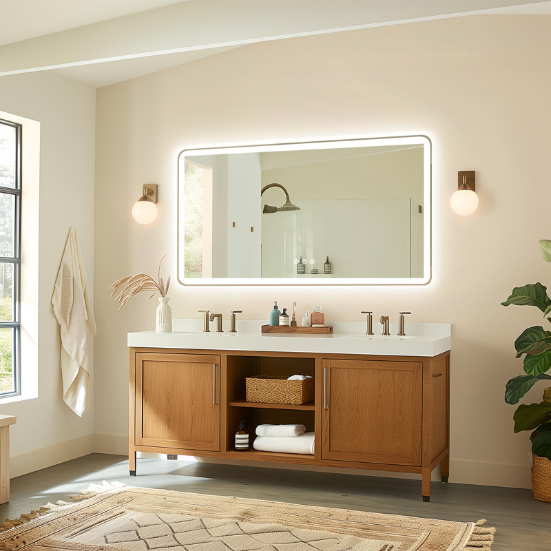 Frameless Round LED Bathroom Mirror, Front and Back Light, Anti-fog, Tempered Glass, 3 Colors, Dimmer, Plug-in / Hardwired, Horizontal / Vertical