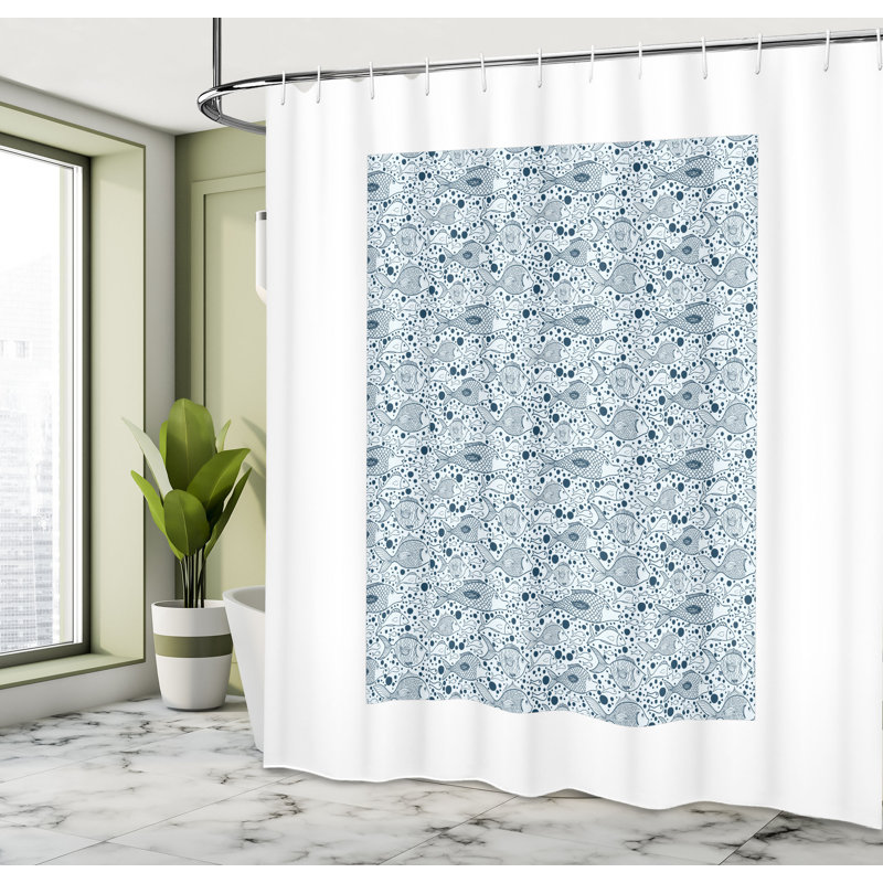 Dovecove Fish Shower Curtain Sketch of Sea Animals Blue, 75"H x 69"W