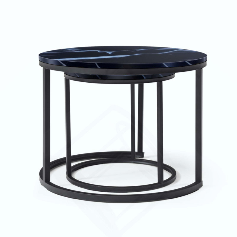 Set 2 Coffee Table Nesting Top  Frame Circular Round And Marble Pattern Wooden Tables, Living Room Bedroom Apartment Modern Industrial Simple Nightstand