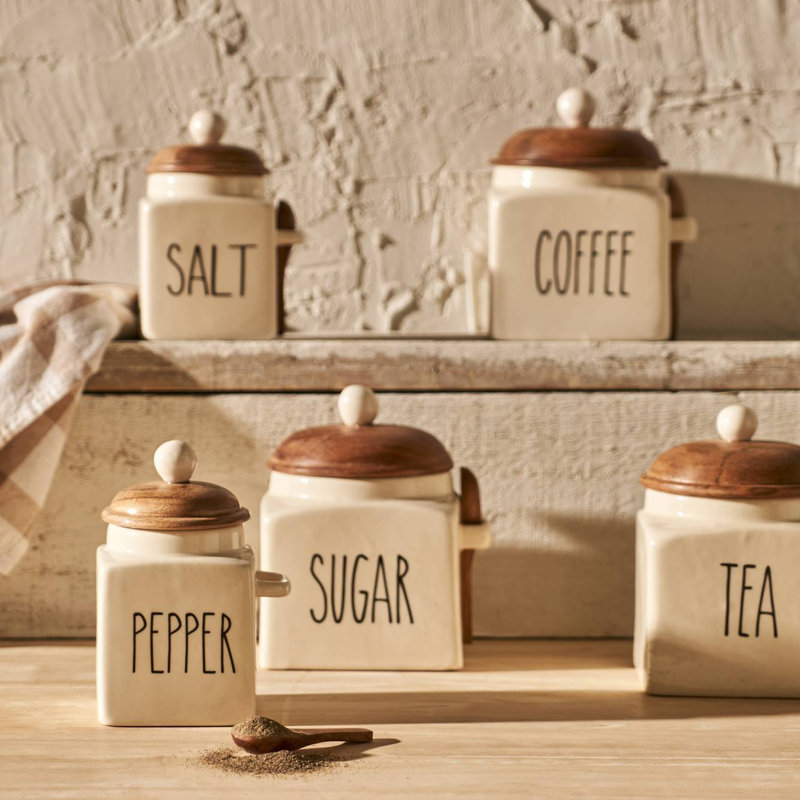 Salt' Ceramic Jar With  Acacia Lid & Spoon