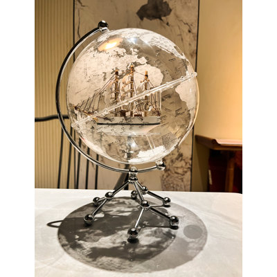 Illuminated Transparent Globe with Sailboat Ornament & Metal Stand – Modern Desktop Decor for Office, Bookshelf & Home 7.9×7.9×11.8 inch