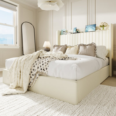 Hydraulic Lift Up Storage Upholstered Platform Wingback Bed With Shelves And Charging Station