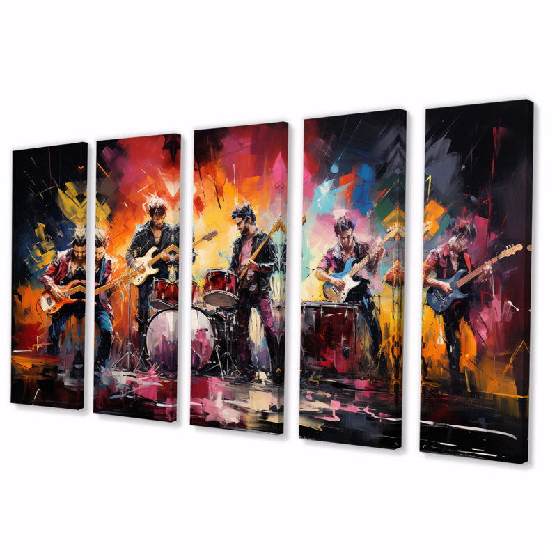 Rock Band In Action II - Reproduction d'art sur toile - 5 panneaux égaux