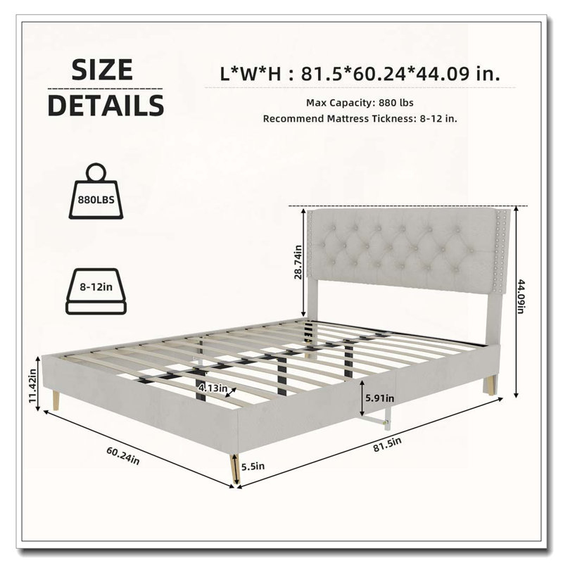 Structure de lit en velours, Beige, Grand lit