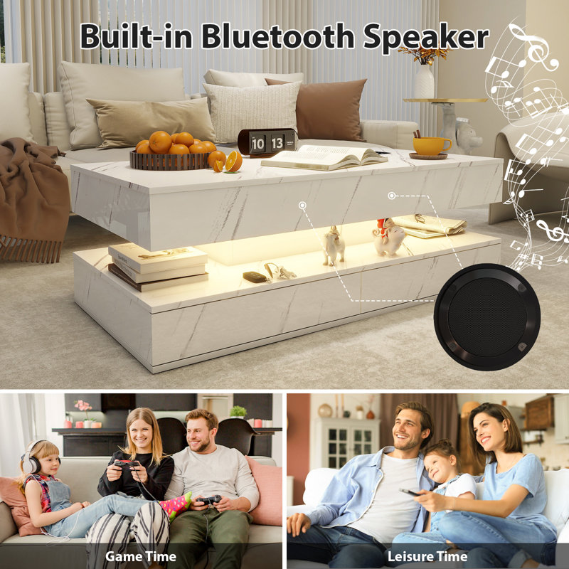 Modern High-Gloss Coffee Table With 2 Sliding Drawers, 16-Colour LED Lights, Wireless Charging & Integrated Speaker, White