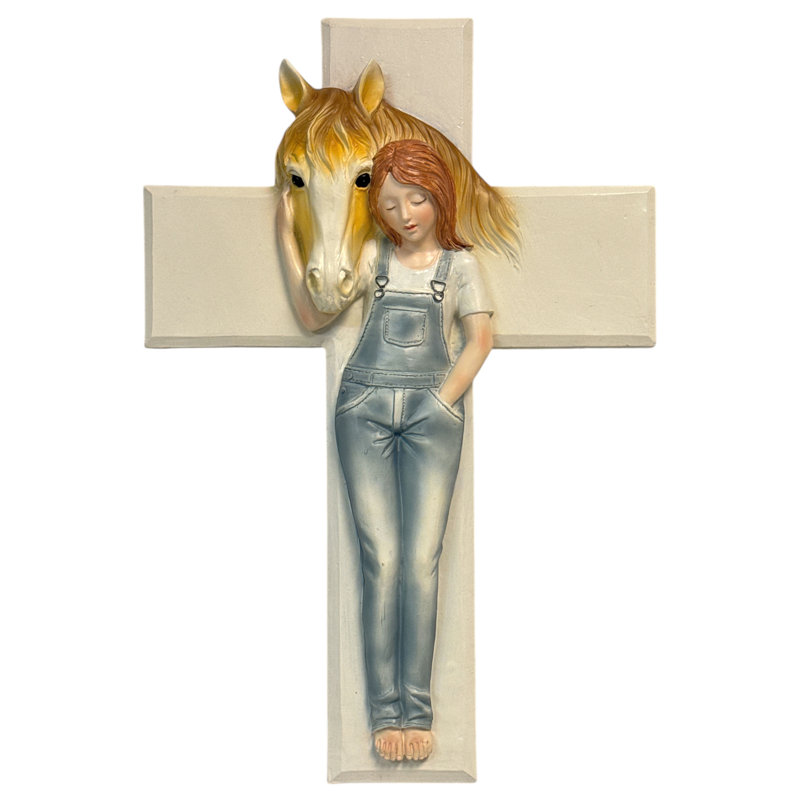 Polyresin Girl with Horse on Beige Cross Western Farmhouse Religious Hanging Wall Cross Décor