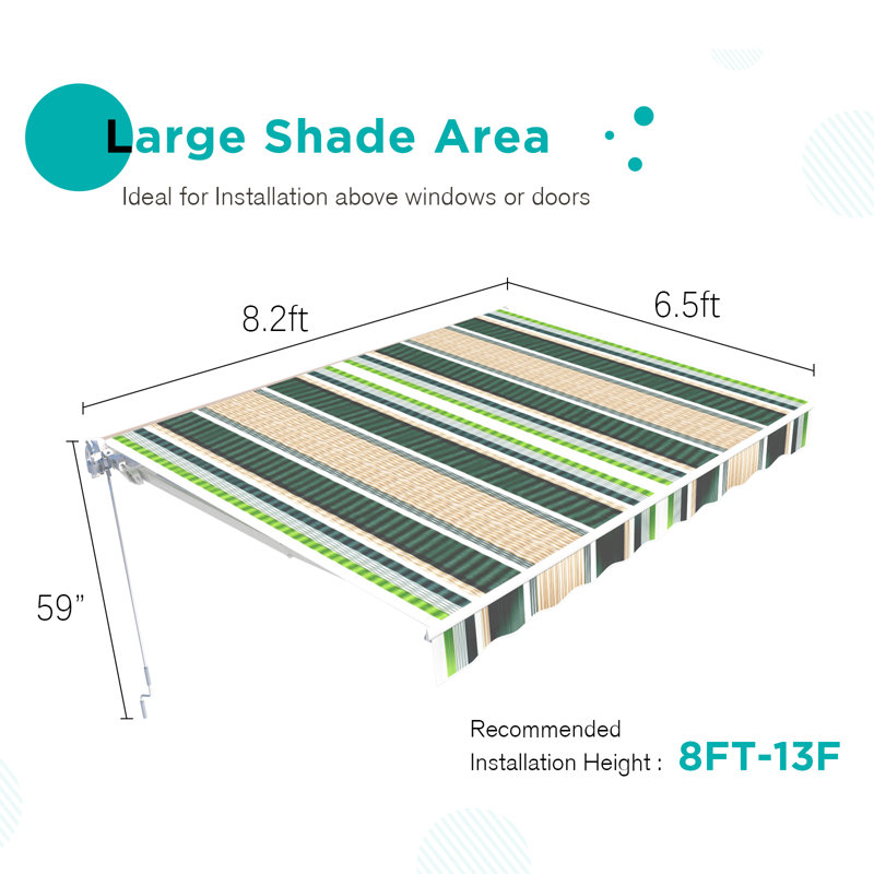 AECOJOY Manual Retraction Slope Patio Awning, 98.4" W x 78" D, Mixed Beige Green Stripes, Striped