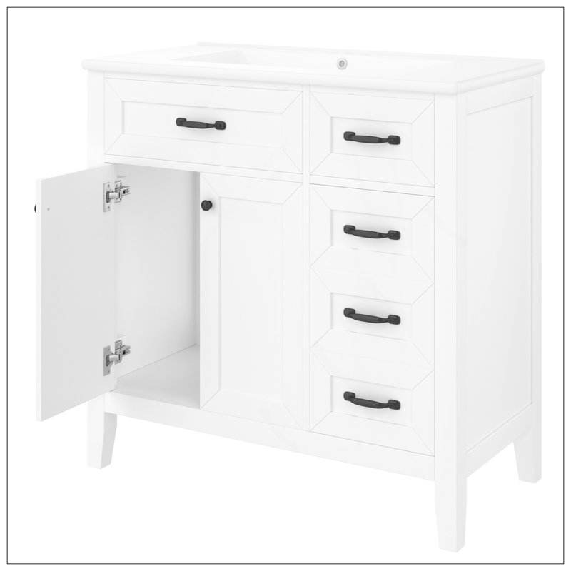 Meuble-lavabo 36 po avec lavabo, armoire de salle de bain blanche avec tiroirs, structure solide et panneau de fibres à densité moyenne