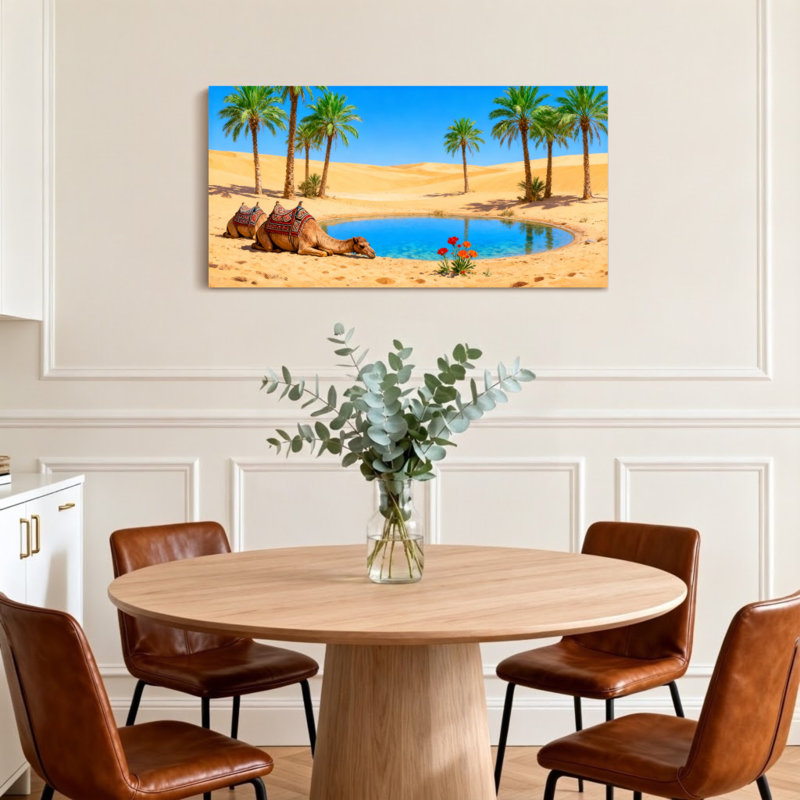 Paysages pittoresques et oasis du désert avec des chameaux et des palmiers, H 20 po x l 40 po