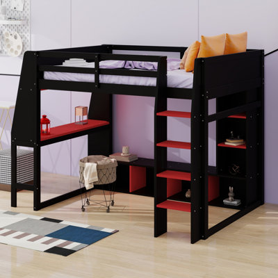 Lit mezzanine en bois avec bureau, étagères à rangement multiples, DEL et portemanteau suspendu