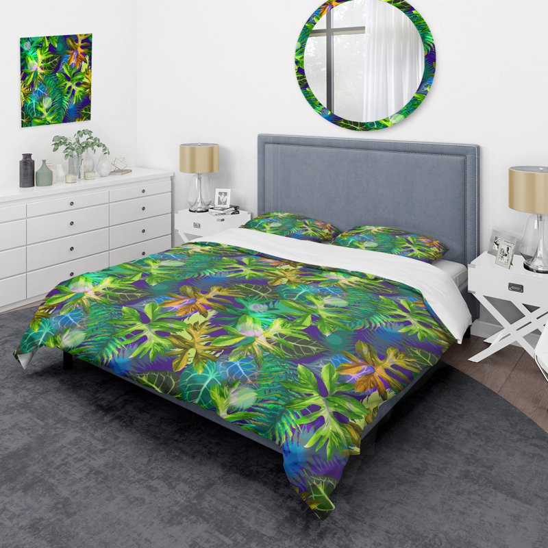 Feuilles tropicales vertes - ensemble de housse de couette floral - polyester microfibre
