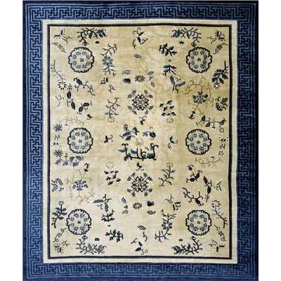 Antique Ivory Beige Cream White Rectangle Hand Knotted Pile 1900s Wool Allover Floral Rug