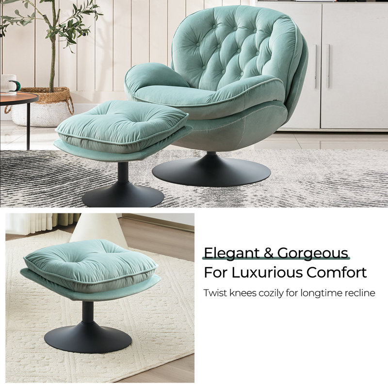 Zenon Velvet Swivel Accent Chair with Ottoman, Mint Green Velvet