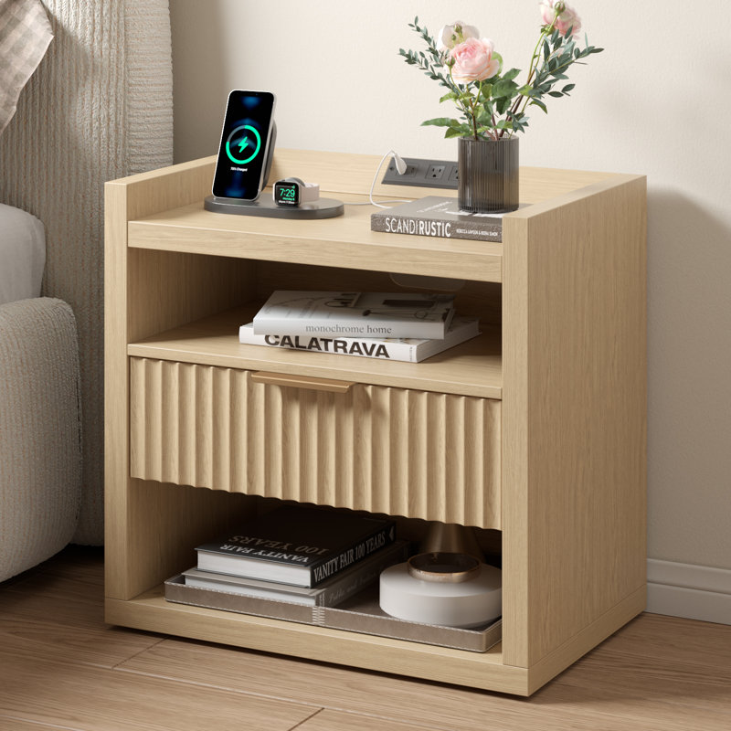 23.8''W Modern Nightstand With Charging Station,1-drawer And 2 Shelf, 1