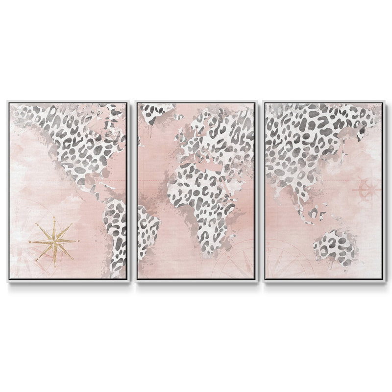 Carte rose du guépard - Toile encadrée multi-pièces, H 40 po x l 78 po x P 2 po, Blanc