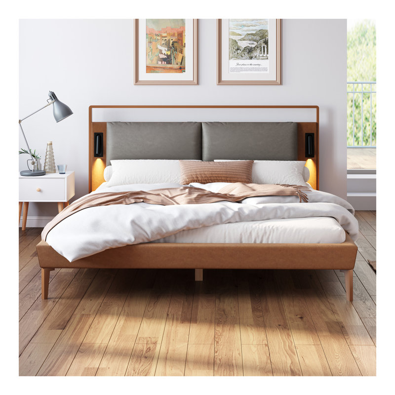 Brown&Grey Leather Queen Bed With 2Pcs Night Lights, Queen