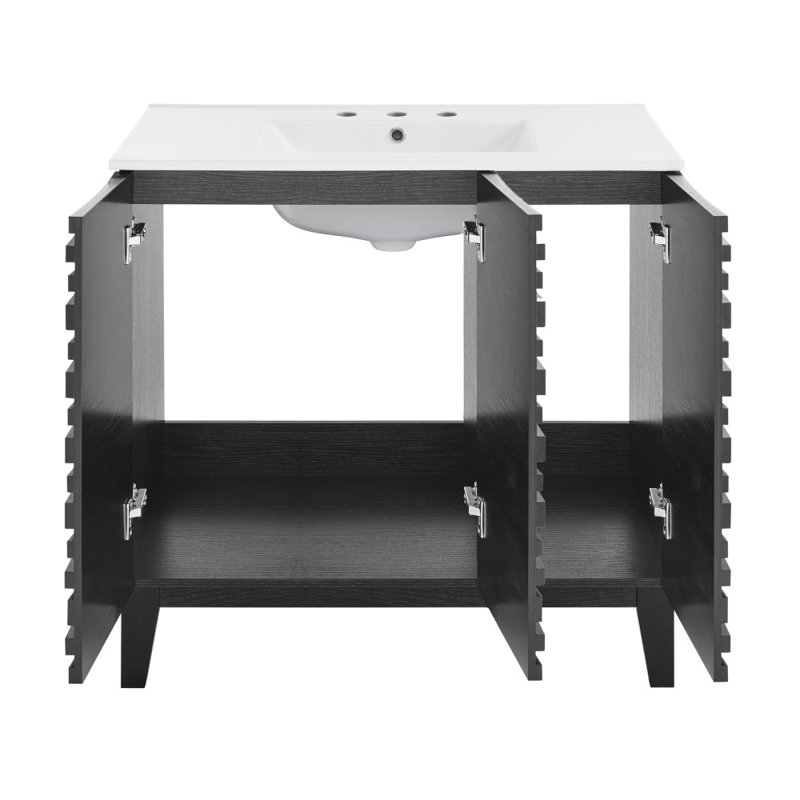 Meuble-lavabo en chêne noir Cascade 36 po avec comptoir en céramique blanc à 3 trous, Blanc, Noir