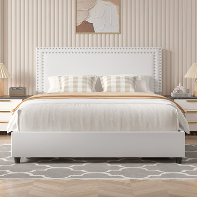 Bed with Storage Drawers Upholstered Platform Bed Adjustable with Nailhead Trim Headboard Wooden Slats Support Bed Frame