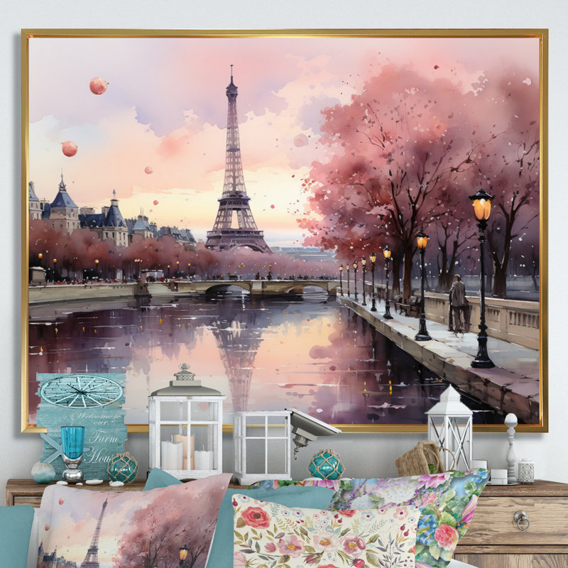 «Pink Twilight Rendezvous In Paris II», impressions sur toile de parcs d'attractions, H 34 po x l 44 po, Doré