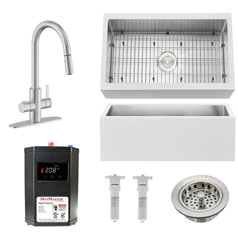 Évier de cuisine à simple cuve à tablier frontal 33 po L, Chrome poli