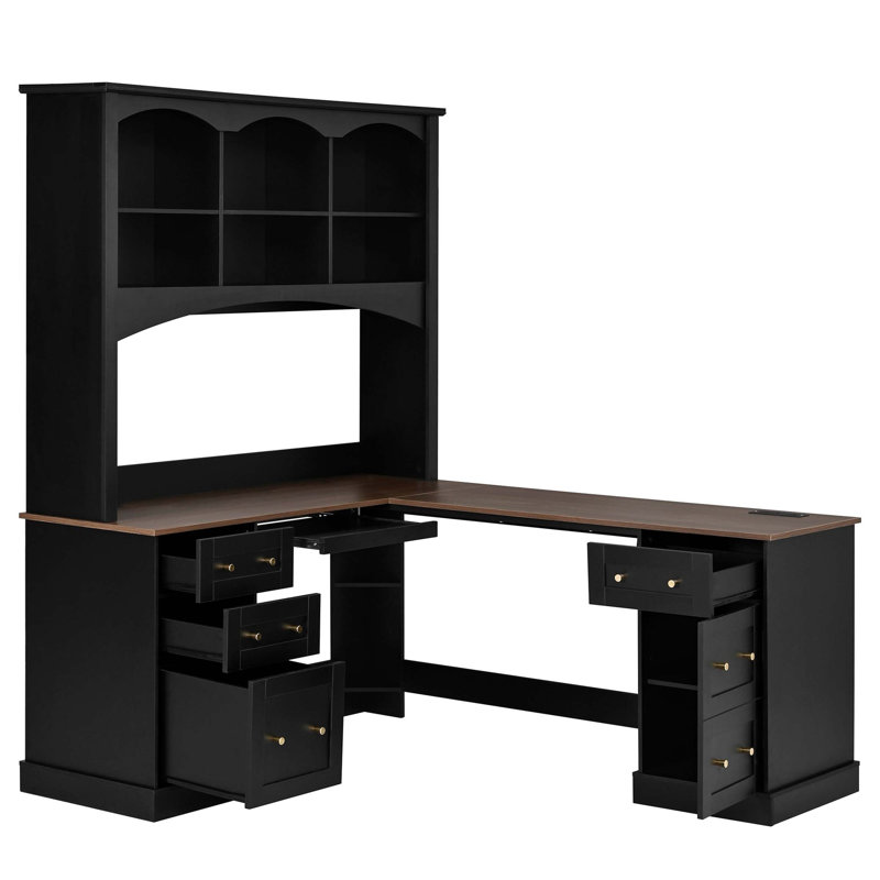 Bureau d'ordinateur en L peu encombrant avec plateau à clavier et stations de recharge, bureau d'angle de ferme avec huche arquée, bureau de bureau tout-en-un avec tiroirs classeurs pour bureau, table de bureau